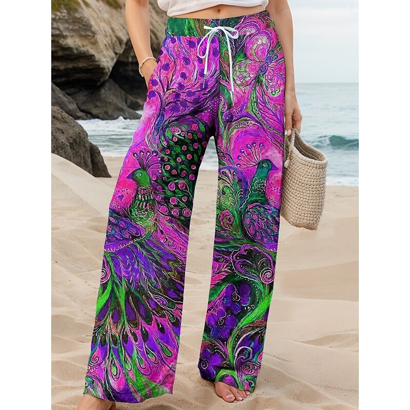 Women's Wide Leg Chinos Baggy Pants Vacation Vintage Fashion Full Length High Waist Floral Graphic Peacock Printing Soft Breathable Micro-elastic Formal Outdoor Vacation Robin's Egg Blue Ruby Red4