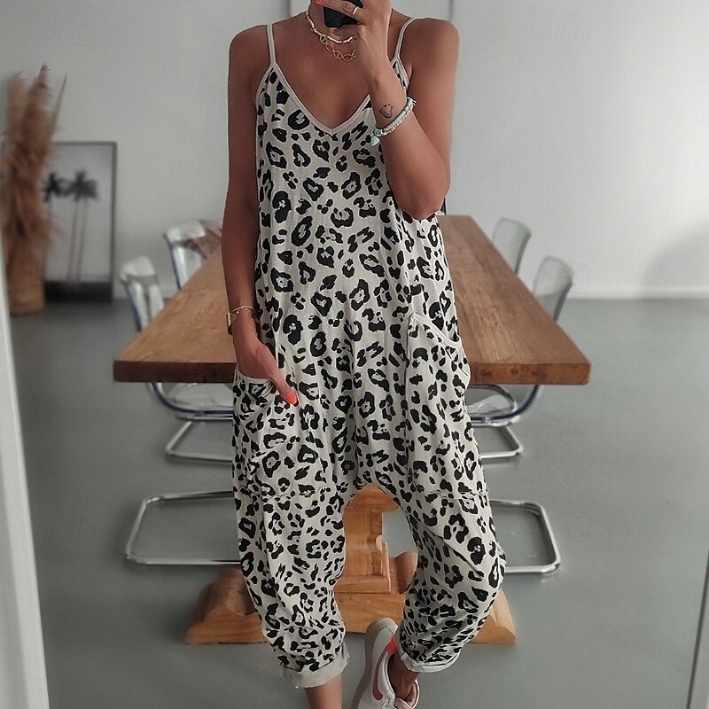 Women's Normal Jumpsuit Streetwear Leopard Sleeveless V Neck Print Street Going out Regular Fit White Summer4