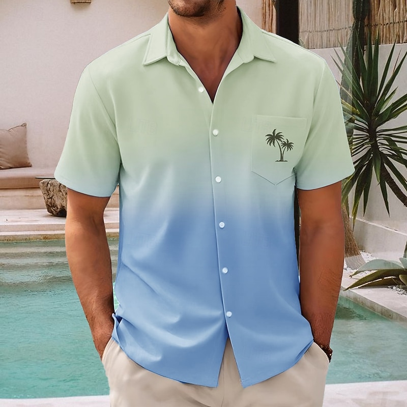 Men's Coconut Tree Gradient Color Summer Hawaiian Shirt Button Up Shirt Aloha Shirt Short Sleeve Hawaiian Vacation Holiday Beach Wear Summer Spring Turndown 3D Print Collared Shirts Front One Pocket