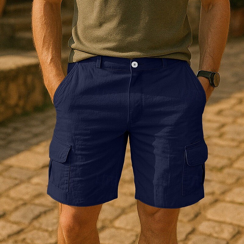 Men's Cargo Shorts Linen Shorts Summer Shorts Beach Shorts Multi Pocket Straight Leg Plain Comfort Breathable Knee Length Outdoor Casual Daily Fashion Streetwear White Navy Blue3