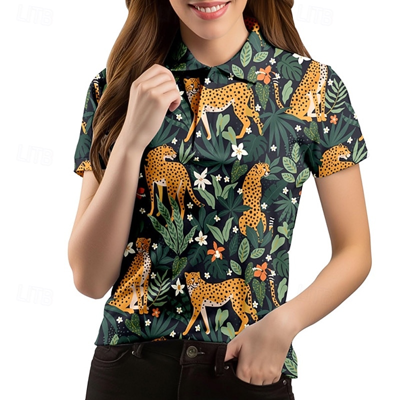 Women's Animal Tennis Shirt Short Sleeves Print UPF50+ Quick Dry Tennis Golf Badminton Polo Collar Tee Tshirt Top White Yellow Pink Tennis Clothing