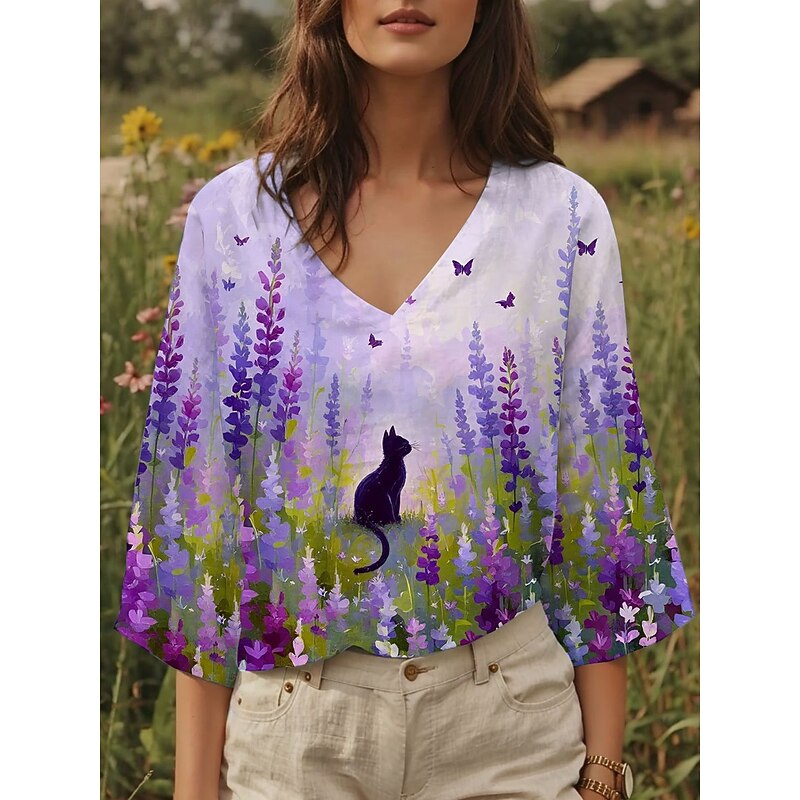 Women's Blouse Floral Graphic Cat Stylish Casual 3/4 Length Sleeve V Neck Regular Tops Daily Yellow Blue Purple Summer Spring