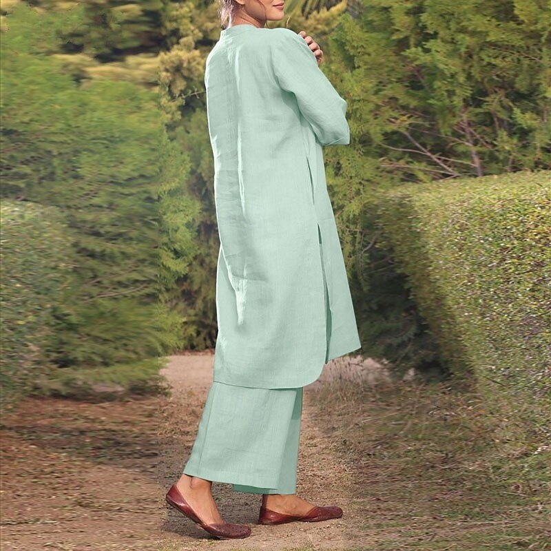 Women's Fashion Basic Cotton Linen Shirts Blouse Pants Sets Long Sleeve V Neck Solid Color Split Thigh Outdoor Casual Daily Light Green Army Green Dark Navy Summer Regular Fit3