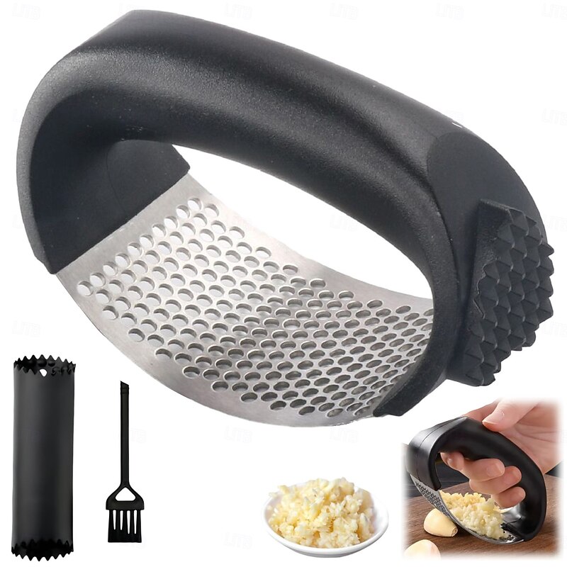 Garlic Mincer Set, Two-in-One Meat Tenderizer and Garlic Press, with Included Brush and Garlic Peeler,3Pcs/Set