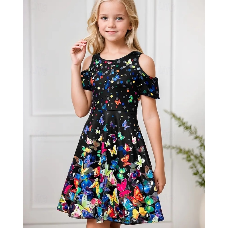 Girls' 3D Butterfly Dress Short Sleeve Summer Spring Vacation Daily Holiday Beautiful Sweet Kids 4-12 Years Casual Dress Knee-length Regular Fit