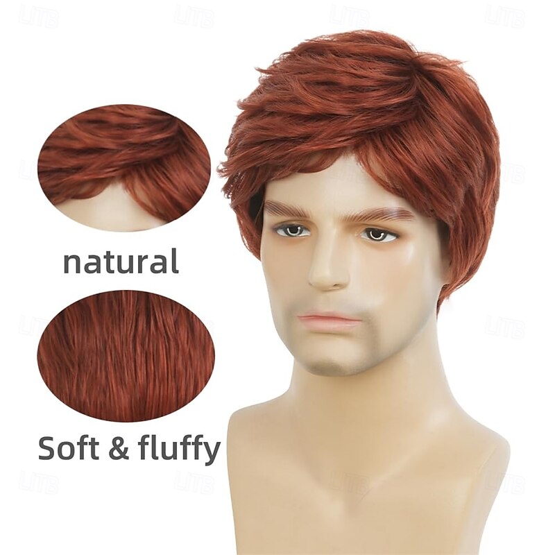 Mens Short Red Wig Synthetic Natural Looking Halloween Cosplay Hair Wig for Male Guy4