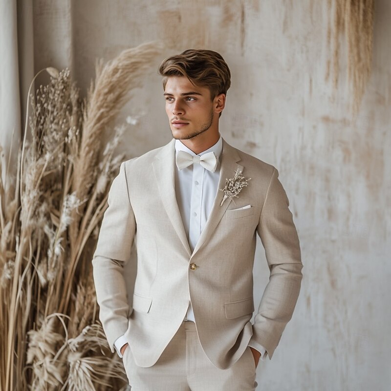 Men's Wedding Linen Suits Beige Summer Half Lined Lightweight Casual Solid Colored Standard Fit 2 Piece Single Breasted One-button2