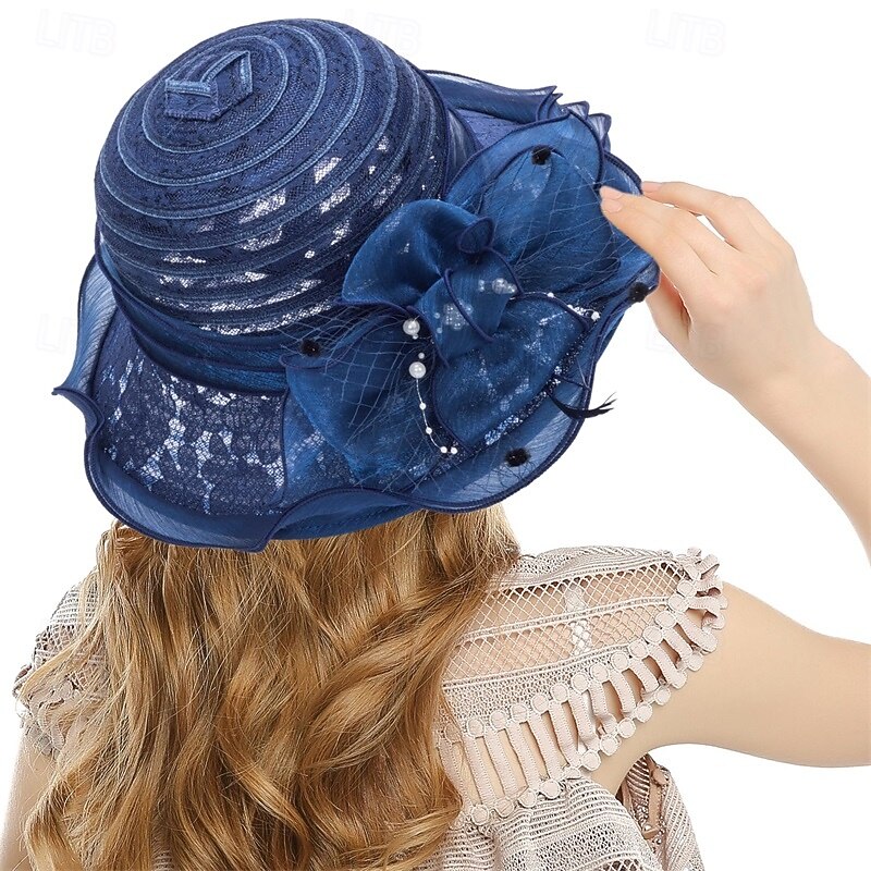 Wide Brim Lace Fascinator Kentucky Derby Hat for Womens Tea Party Fascinators Cap Church Wedding Cap with Flower2