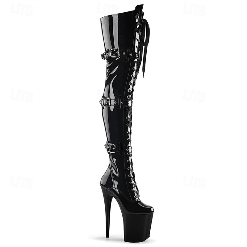 Women's Red Patent Leather Thigh High Platform Boots – Buckle Strap Stiletto Over-the-Knee Boots for Clubwear, Cosplay, and Exotic Dance Performance2