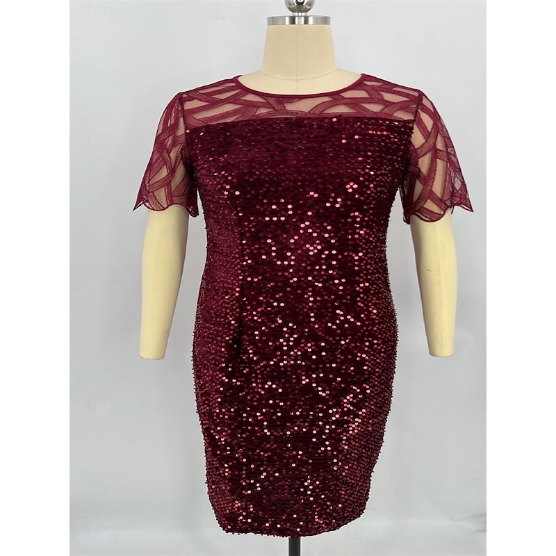 Dress Mother of the Bride Dress Elegant Crew Neck Tea Length Lace Short Sleeve with Sequin