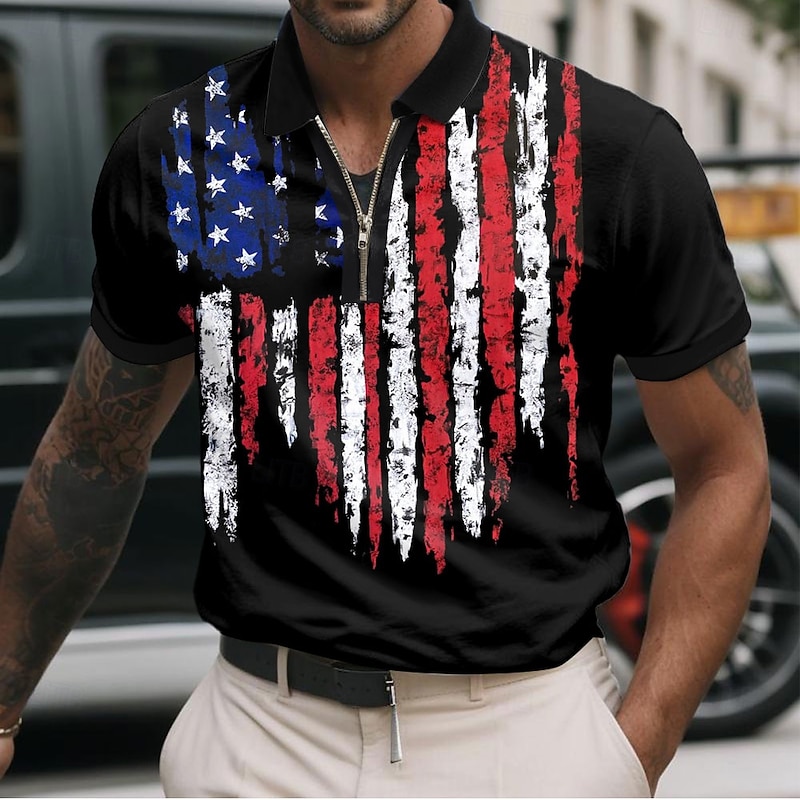 Independence Day Men's American US Flag Zip Polo Short Sleeve Polo Shirts Turndown Casual Daily Casual Zip Up 3D Print Summer Black