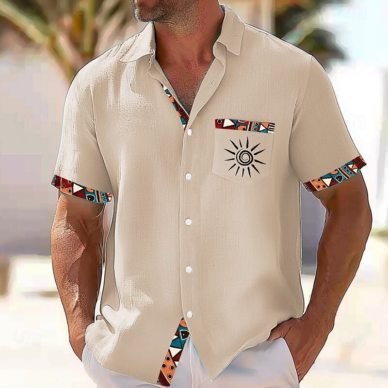 Men's Sun Tribal Ethic / African Shirt Button Up Shirt Short Sleeves Vintage Retro Casual Daily Summer Spring Turndown 3D Print Front One Pocket Linen Like Shirt Pink Blue Green Khaki