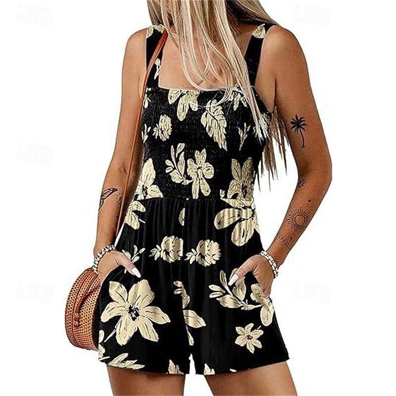 Women's Normal Romper Casual Floral Sleeveless Baggy Shorts Print Street Daily Regular Fit Black Light Green Pink Summer2