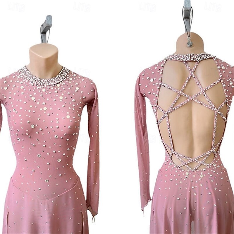 Figure Skating Dress Women's Girls' Ice Skating Dress Pink Dark Navy Open Back Asymmetric Hem Mesh High Elasticity Training Competition Skating Wear Classic Crystal / Rhinestone Long Sleeve Ice4