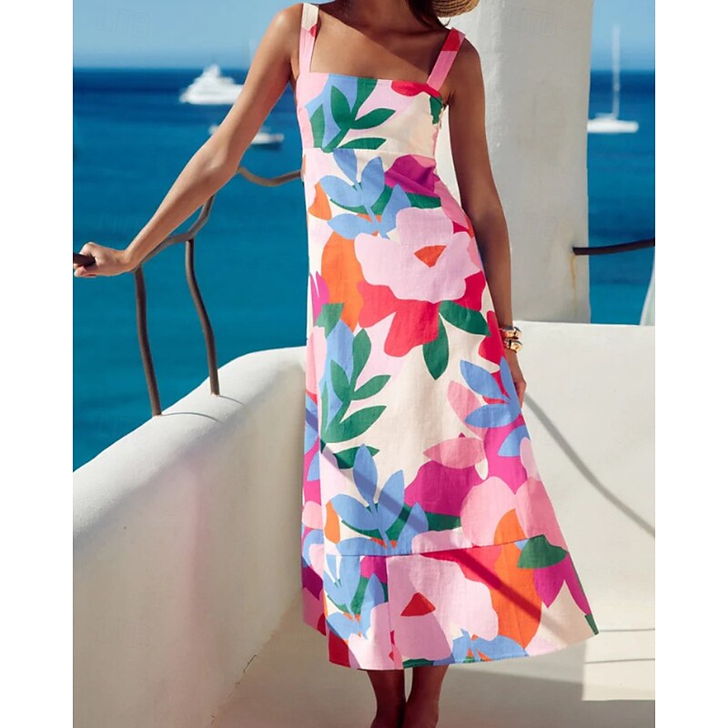 Women's Midi Dress Floral Dress Boho Dress Print Dress Classic Modern Outdoor Vacation Daily Regular Fit Flower Sleeveless Spaghetti Strap Pink Red Royal Blue Blue Summer