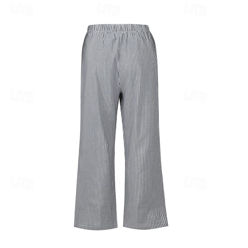 Women's Cotton Linen Pants Culottes Wide Leg Slacks Streetwear Casual Full Length Natural Striped Pocket Elastic Waist Comfy Comfortable Street Going out Apricot Black Pink Blue Summer Regular Fit4