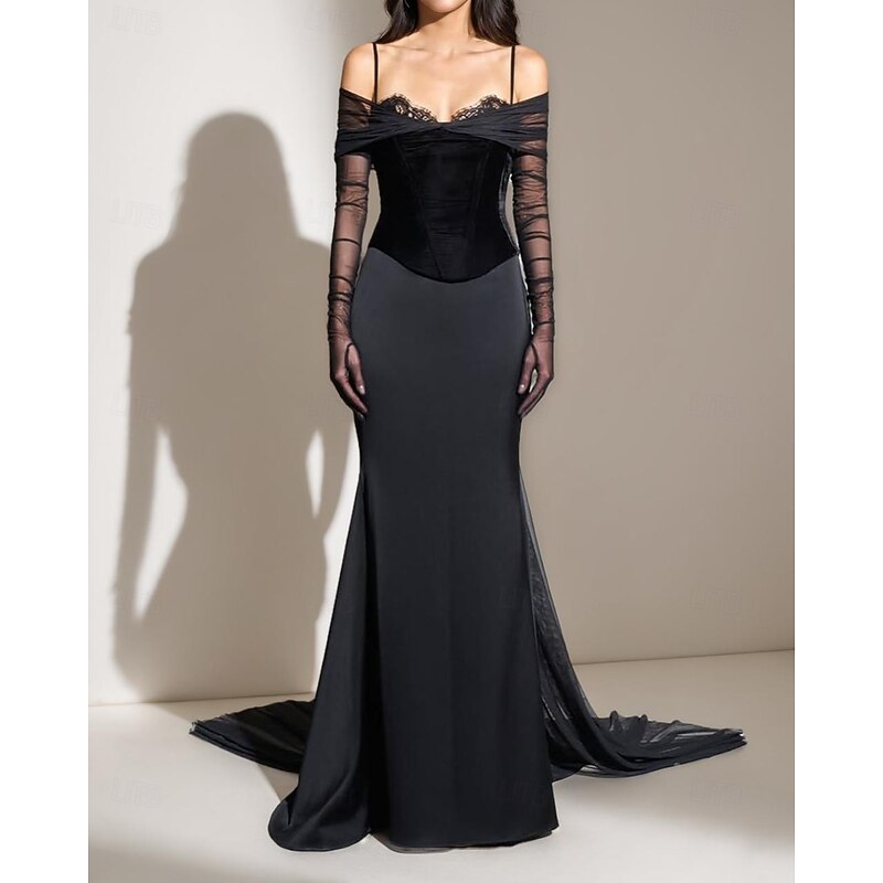 Black Dress Velvet Corset Dress Mermaid / Trumpet Evening Gown Elegant Dress Formal Black Tie Gala Dress Wedding Court Train Sweetheart Lace with Ruched Sleeve