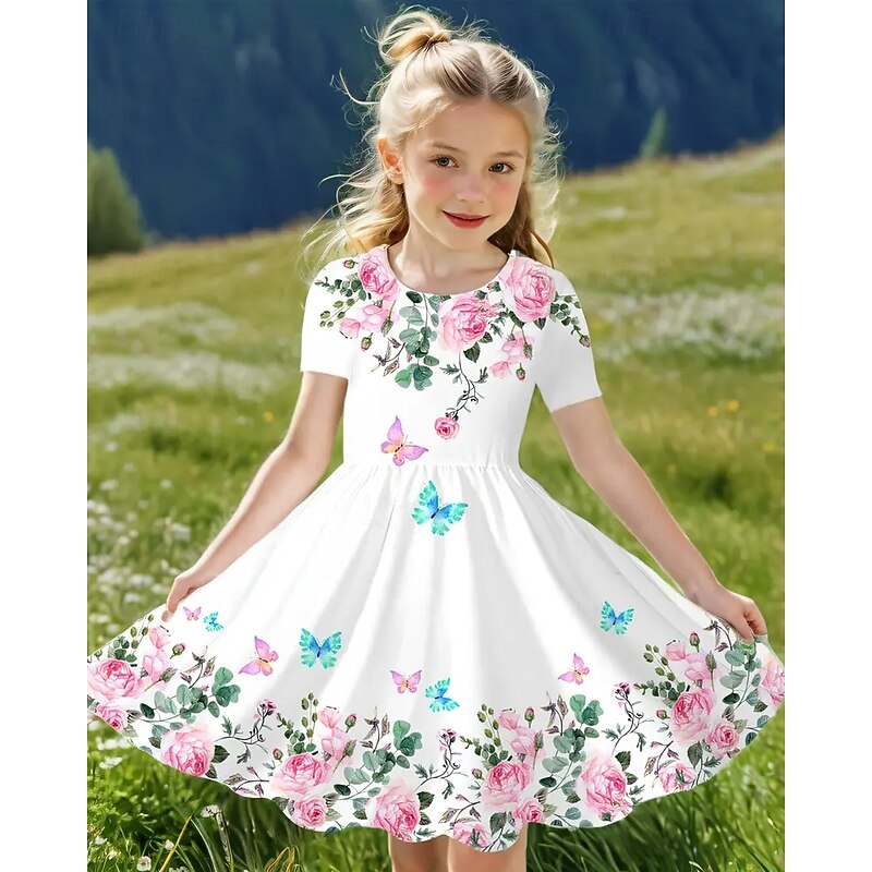 Girls' 3D Butterfly Flower Dress Short Sleeve Summer Spring Vacation Daily Holiday Princess Beautiful Sweet Kids 4-12 Years Casual Dress A Line Dress Knee-length Regular Fit2