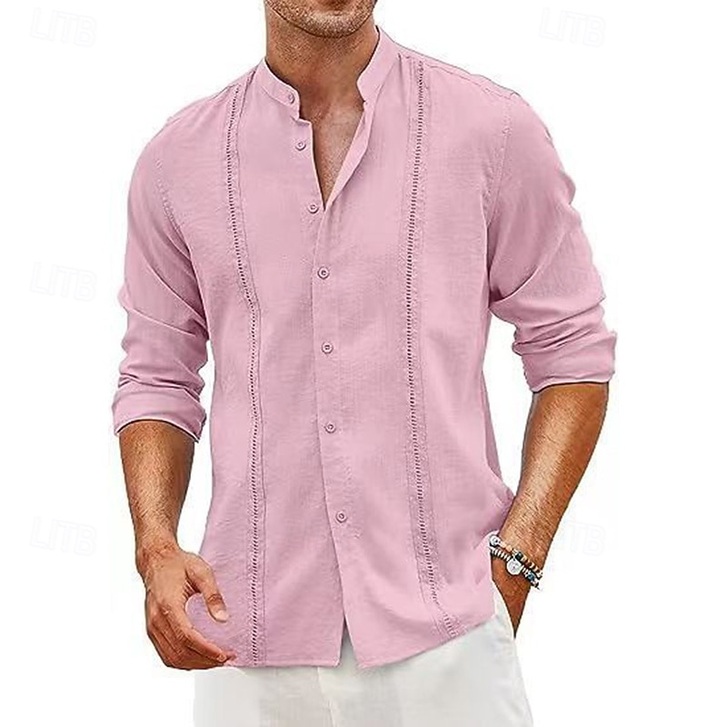 Men's Shirt Linen Shirt Guayabera Shirt Summer Shirt Beach Wear Button Up Shirt Solid Color Vacation Holiday Black White Light Green Pink Long Sleeve Shirt Collar Summer Spring Clothing Apparel