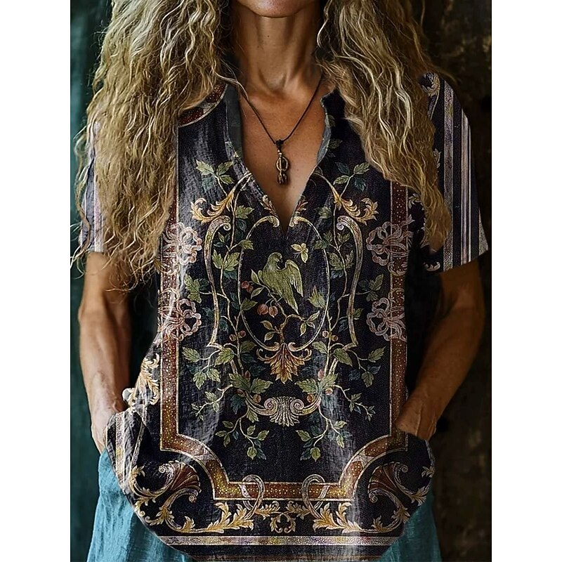 Women's Blouse V Neck Floral Elegant Bohemia Vintage Short Sleeve Notched Neck Regular Tops Daily Holiday Going out Black White Light Green Red Light Blue Summer Spring4