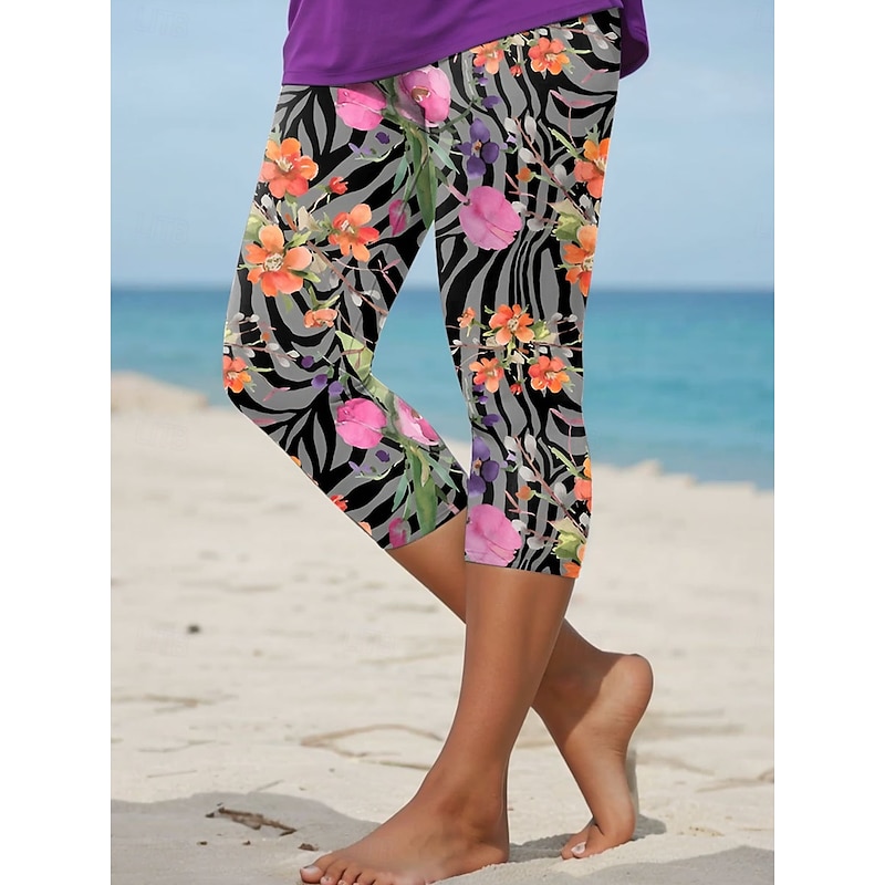 Women's Leggings Capri Pants High Elasticity Vacation Vintage Fashion Calf-Length High Waist Floral Graphic Printing Thermal Warm Breathable Soft Stretchy Formal Outdoor Vacation Black Summer Spring