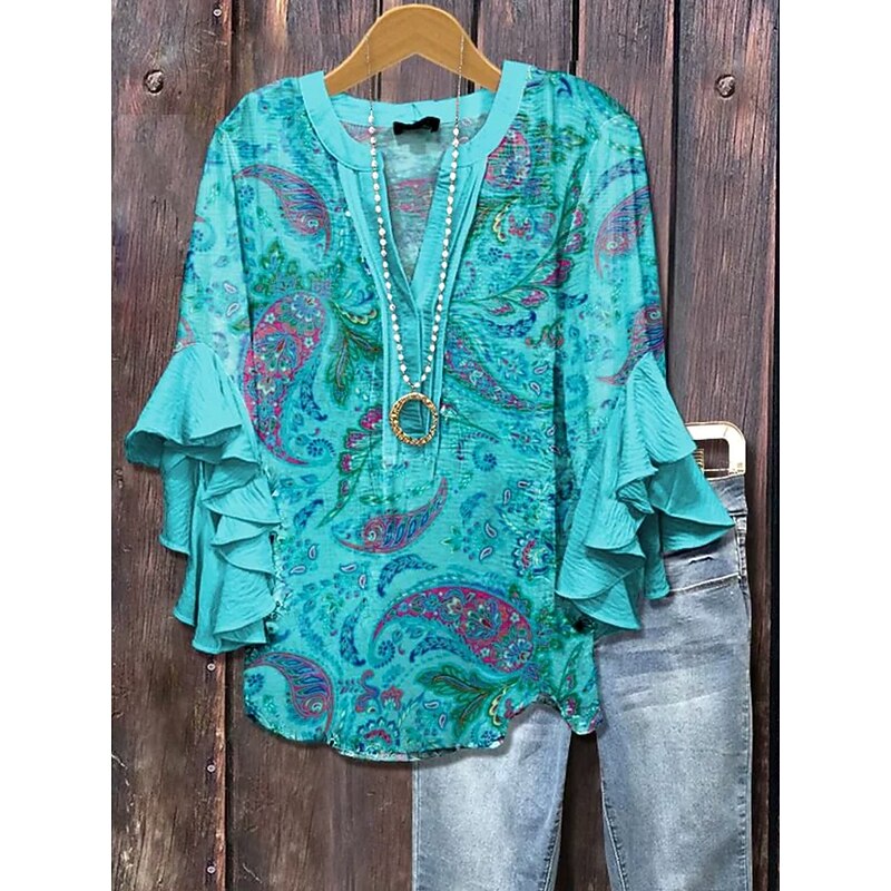 Women's Blouse V Neck Floral Graphic Paisley Elegant Bohemia Ethnic 3/4 Length Sleeve Regular Tops Daily Holiday Vacation Wear Ruffle Print Red Dusty Blue Green Summer Spring Fall