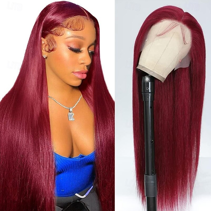 13X4 Burgundy red Lace Front Human Hair Wig Straight Hair Wig 150% Density3