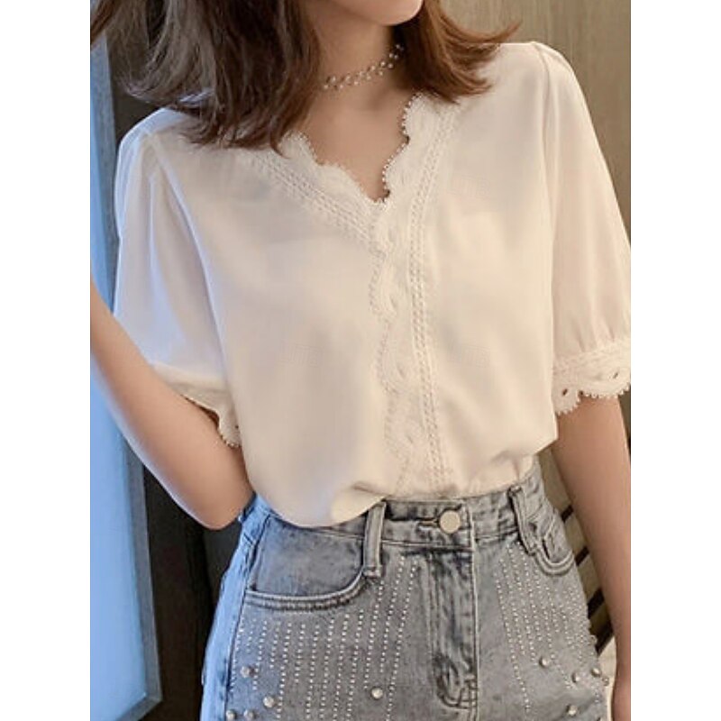 Women's Blouse Solid Color Stylish Basic Casual Short Sleeve Shirt Collar Regular Tops Daily Patchwork Buttons Lace Trim White Summer3