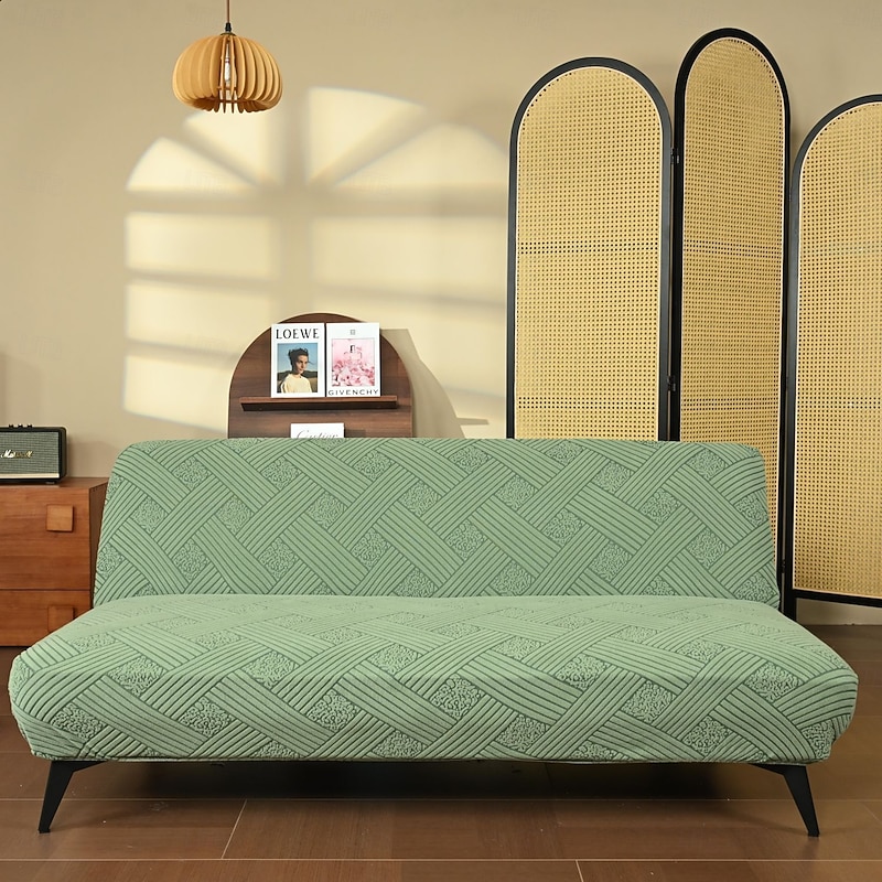 Stretch Armless Futon Cover Jacquard Sofa Bed Slipcovers Washable Futon Mattress Bed Cover Stain Resistant Furniture Protector with Elastic Bottom