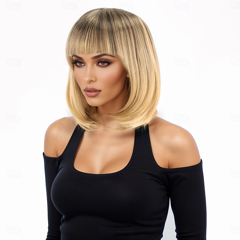 Synthetic Wig kinky Straight Natural Straight Asymmetrical Neat Bang Machine Made Wig 12 inch A1 Synthetic Hair Women's Classic Comfortable Color Gradient Blonde4
