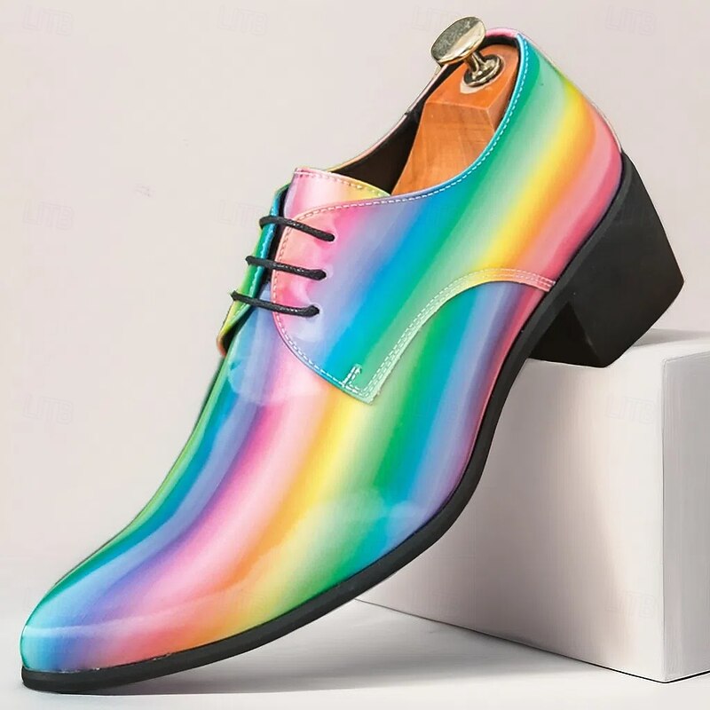Men's Rainbow Lace-Up Oxford Shoes – Vibrant Metallic Design for Cocktail Parties and Evening Galas