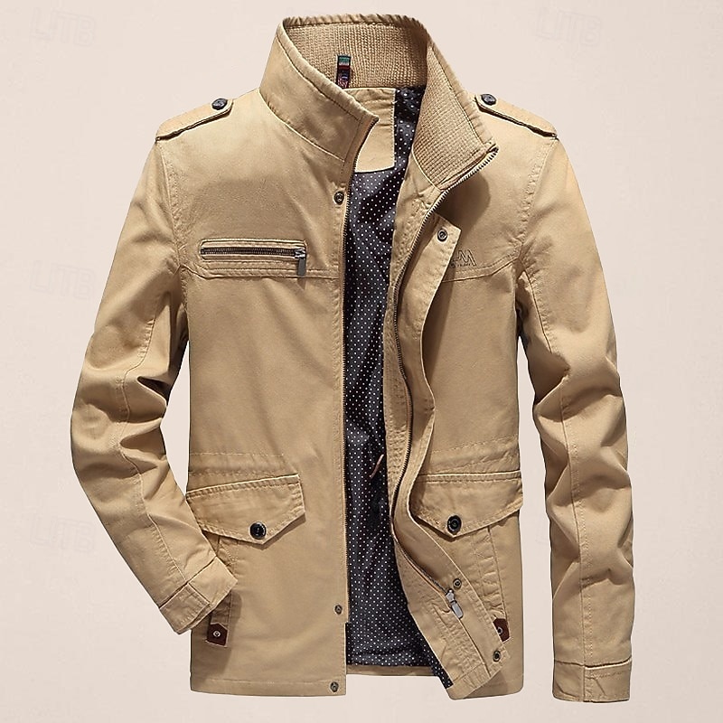 Men's Utility Jacket Transition Jacket Going out Zipper Pocket Spring &  Fall Solid Colored Military Standing Collar Regular Cotton Regular Fit Black Army Green Khaki Jacket3