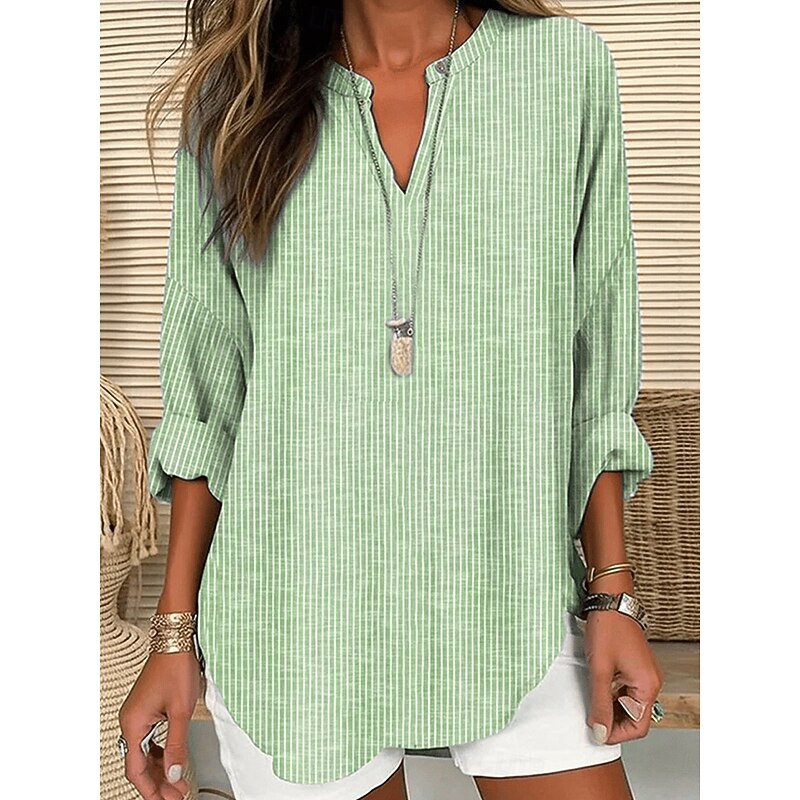 Women's Blouse Tunic V Neck Long Sleeve Boho Casual Tops Graphic Striped Elegant Stylish Regular Tops Daily Print Pink Blue Green Gray2