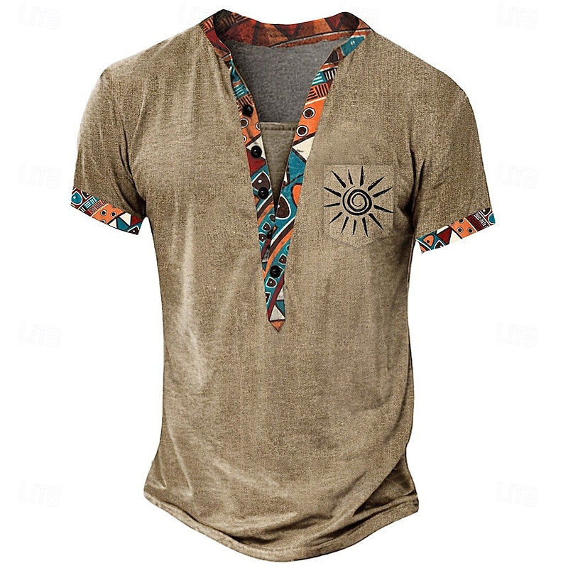 Men's Tribal Ethnic T Shirt Henley Shirt Tee Short Sleeve Designer Basic Ethnic Outdoor Casual Daily Summer Brown Light Green Khaki Henley Henley T-Shirt2