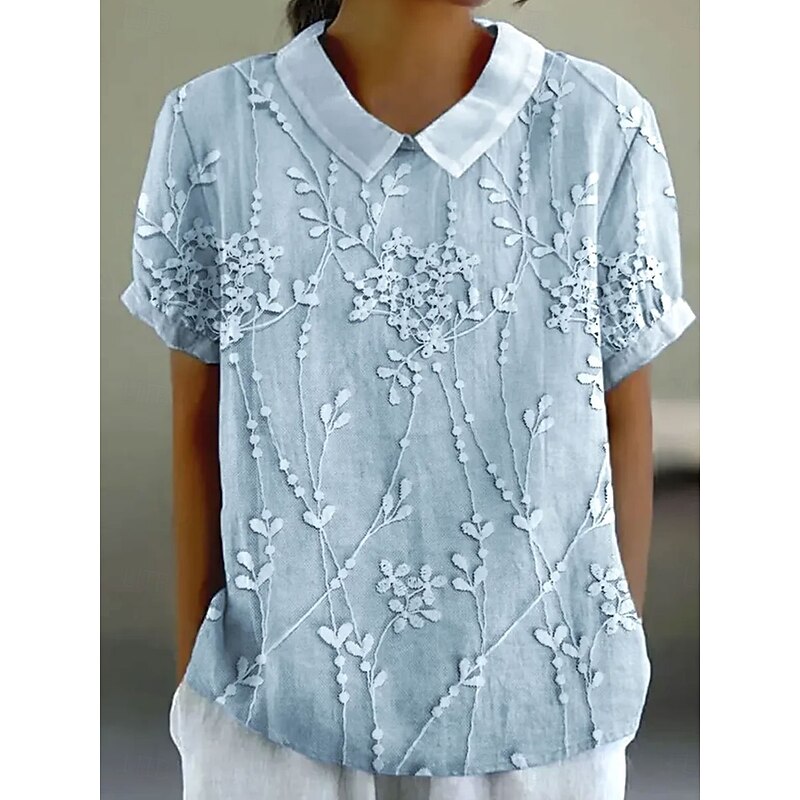 Women's Blouse 3D Print Floral Graphic Elegant Vintage Tropical Short Sleeve Shirt Collar Regular Tops Work Daily Print White Blue Summer Spring