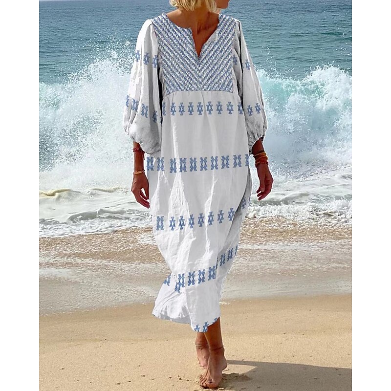 Women's Maxi Dress Shift Dress Casual Beach Regular Fit Floral 3/4 Length Sleeve V Neck White Yellow Blue Green Summer2
