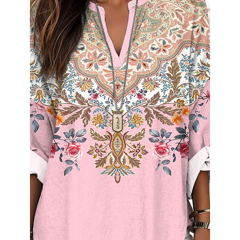 Women's Blouse Tunic V Neck Long Sleeve Boho Casual Tops Floral Graphic Elegant Stylish Regular Tops Daily Print Pink Blue Purple3