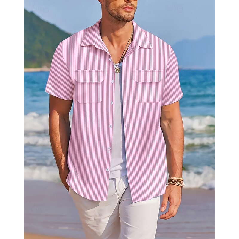 Men's Shirt Summer Shirt Casual Shirt Beach Shirt Button Up Shirt Pink Wine Blue Green Deep Blue Short Sleeve Stripes Lapel Vacation Hawaiian Front Pocket Clothing Apparel Cotton Blend Fashion Casual4