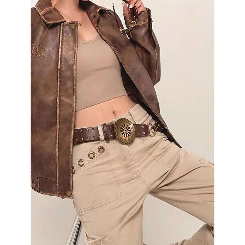 Women's Bohemian Western cowboy style belt with antique brass flower buckle, Adjustable tightness, Suitable for retro fashion, Casual or festival wear2