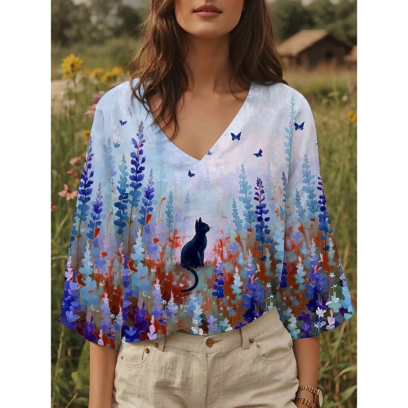 Women's Blouse Floral Graphic Cat Stylish Casual 3/4 Length Sleeve V Neck Regular Tops Daily Yellow Blue Purple Summer Spring3