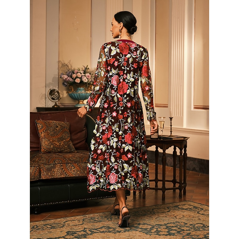 Women's Midi Dress A Line Dress Dress With Jacket Elegant Cocktail Semi Formal Formal Party Wedding Guest Regular Fit Floral Long Sleeve Crew Neck Burgundy Spring Fall Winter2