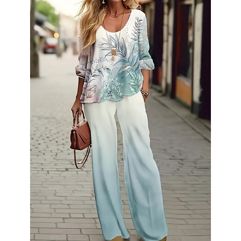 Women's Blouse 3/4 Length Sleeve U Neck Ombre Floral Graphic Print Outdoor Vacation Casual Black Light Green Sky Blue Summer Loose Fit