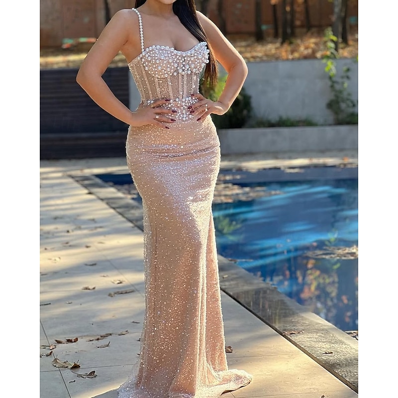 Gold Mermaid / Trumpet Evening Gown Drop Waist Corset Dress Formal Semi Formal Wedding Floor Length Sleeveless Sweetheart Tulle with Glitter Pearls Sequin2