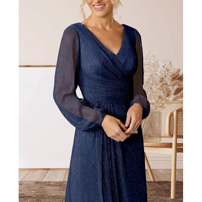 A-Line Mother of the Bride Dress Wedding Guest Elegant V Neck Floor Length Chiffon Long Sleeve with Pleats Ruching4