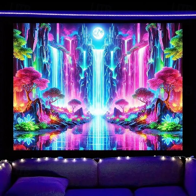 Blacklight Tapestry Glow in the Dark Glow Party UV Reactive Fantasy Waterfall Trippy Misty Nature Landscape Hanging Tapestry Wall Art Mural for Living Room Bedroom