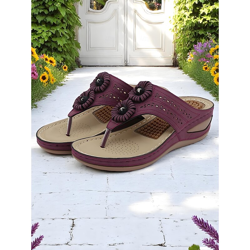 Women's Flower Embellished Flip Flop Sandals – Grey Wedge Design with Massage Insole, Breathable and Stylish for Courtyard Relaxation4