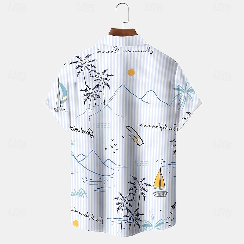 Men's Coconut Tree Striped Tropical Plants Summer Hawaiian Shirt Button Up Shirt Aloha Shirt Short Sleeve Hawaiian Holiday Beach Wear Summer Spring Turndown 3D Print Collared Shirts Front One Pocket2
