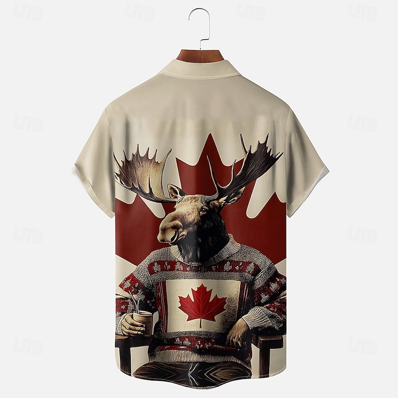 Canada Day Men's Flag Reindeer Shirt Summer Shirt Button Up Shirt Short Sleeve Fashion Casual Holiday Summer Spring Turndown 3D Print Collared Shirts Front One Pocket Khaki2