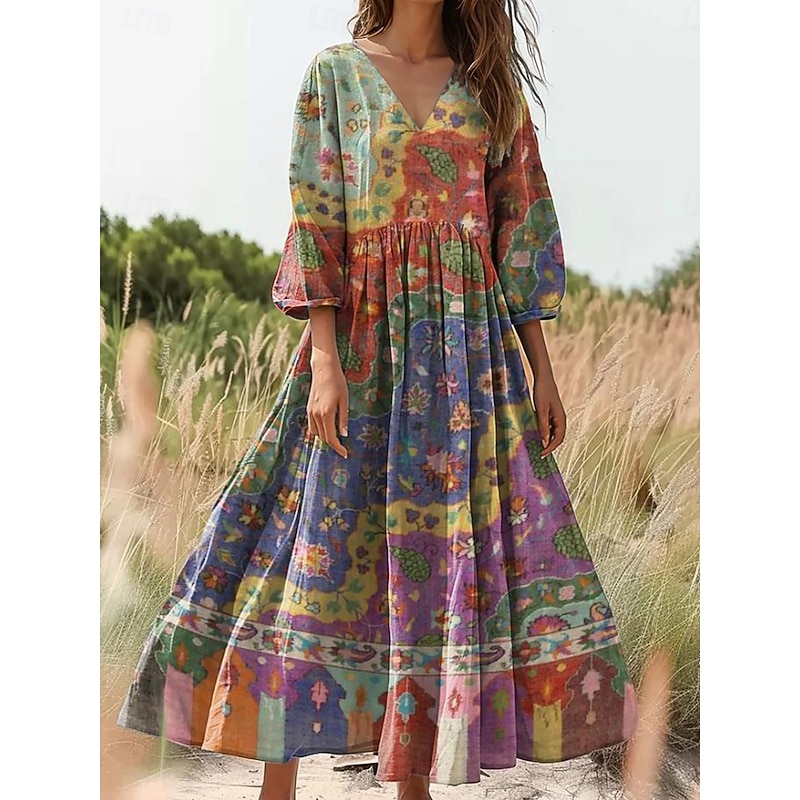 Women's Maxi Dress Sundress A Line Dress Pleated Dress Vacation Casual Boho Daily Holiday Going out Loose Fit Floral Graphic 3/4 Length Sleeve V Neck Yellow Purple Orange