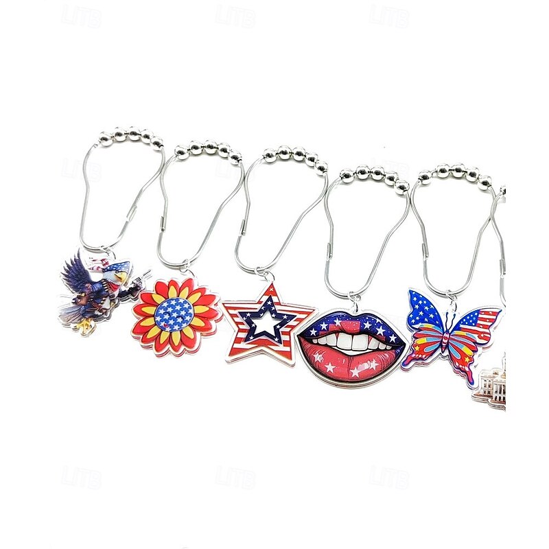 1pc 4th of July Shower Curtain Hooks With Ball Bearings, American Patriotic Blue White Red Curtain Tiebacks, Independence Day For Bathroom Accessories4